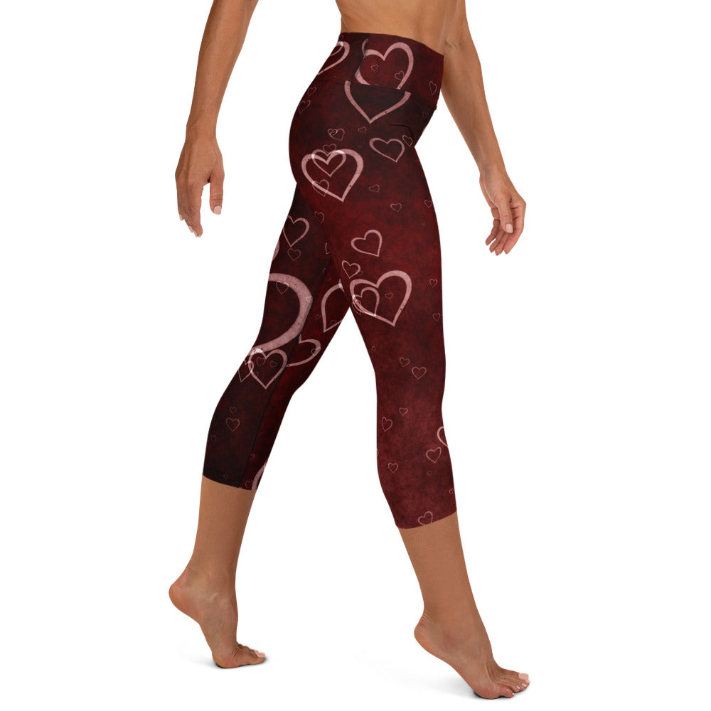 Red Misty Hearts High-waist Yoga Capri Leggings