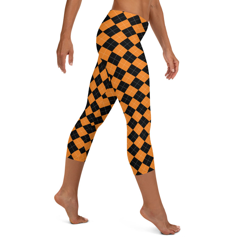 Orange and Black Diamond Halloween Mid-waist Capri Leggings