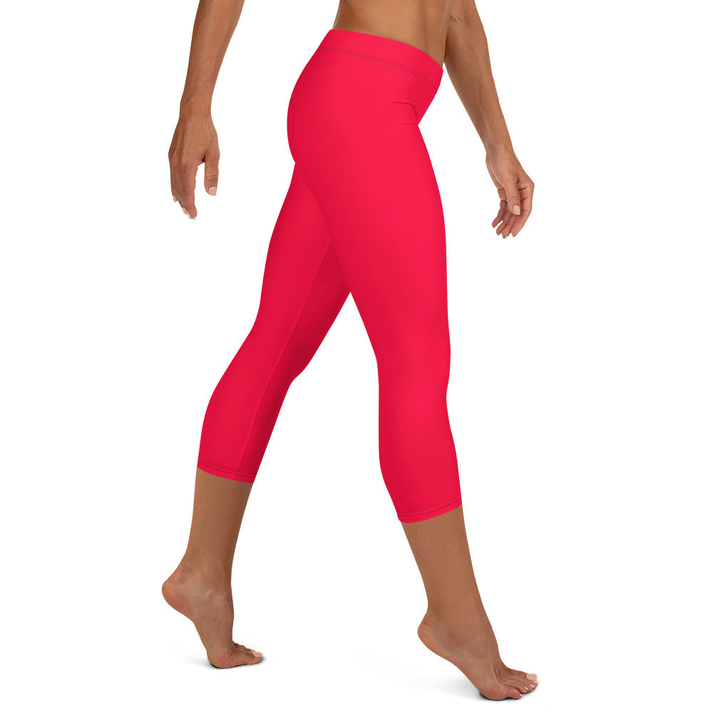 Neon Red Solid Mid-waist Capri Leggings