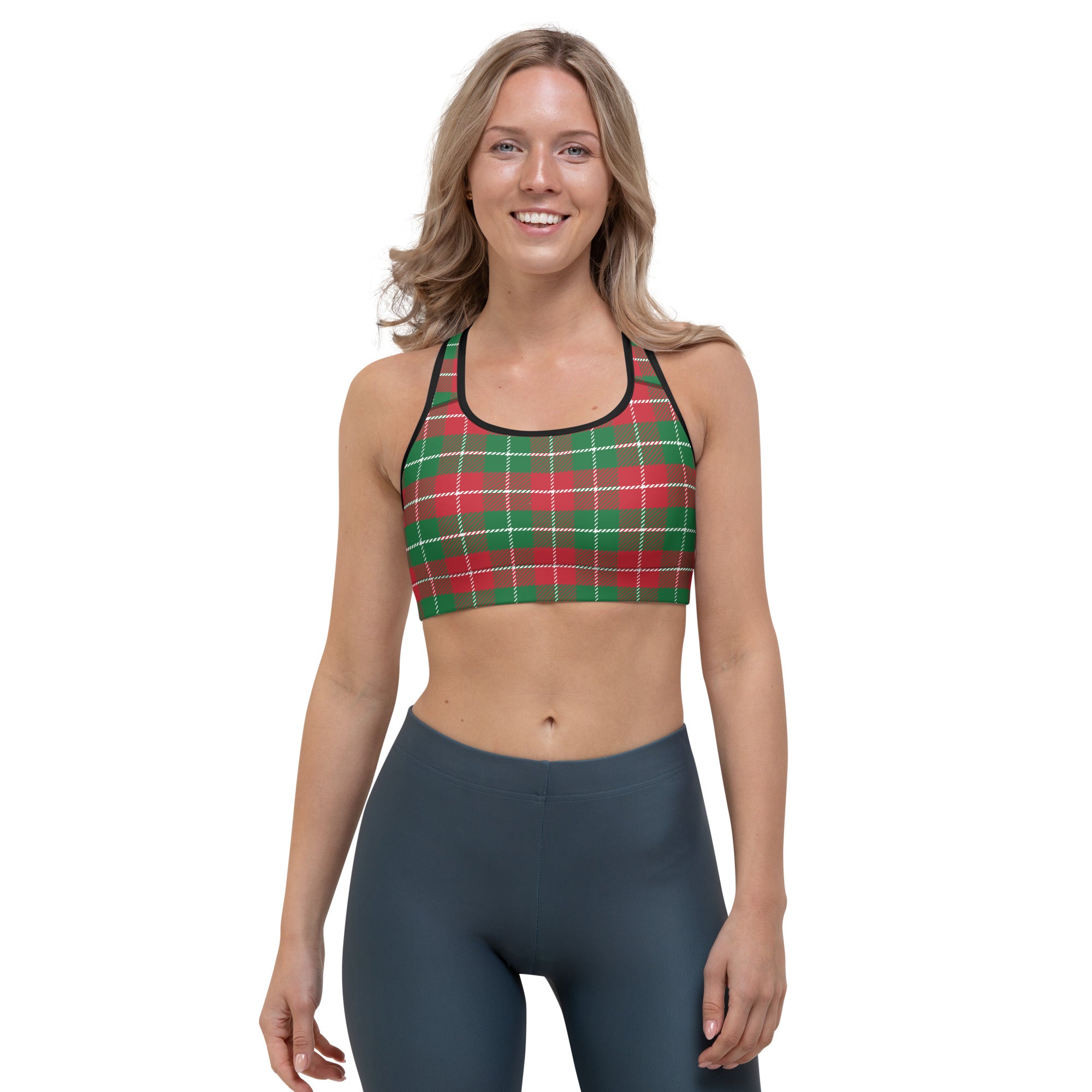 Green and Red Plaid Sports Bra