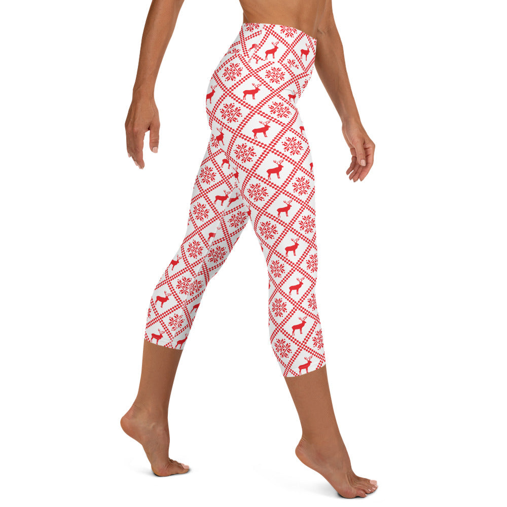 Red Scandinavian Christmas High-waist Yoga Capri Leggings