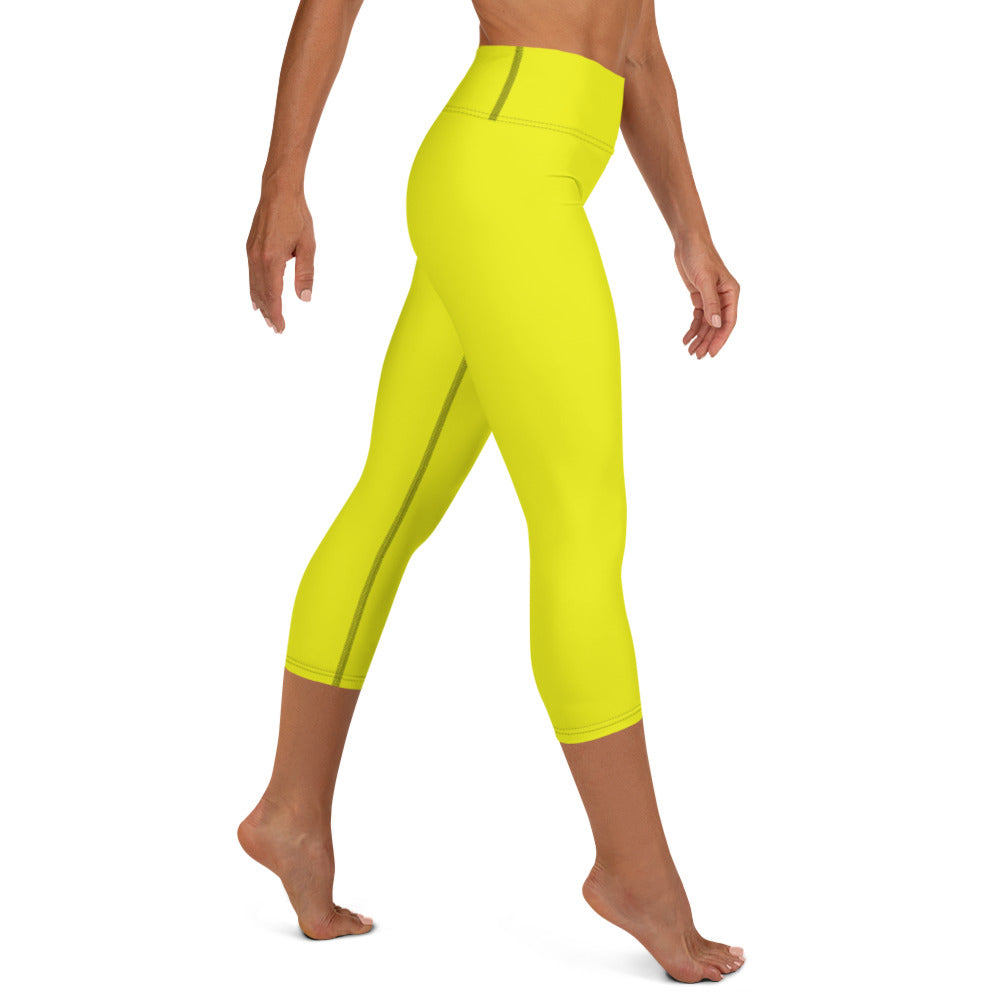 Neon Yellow Solid High-waist Yoga Capri Leggings